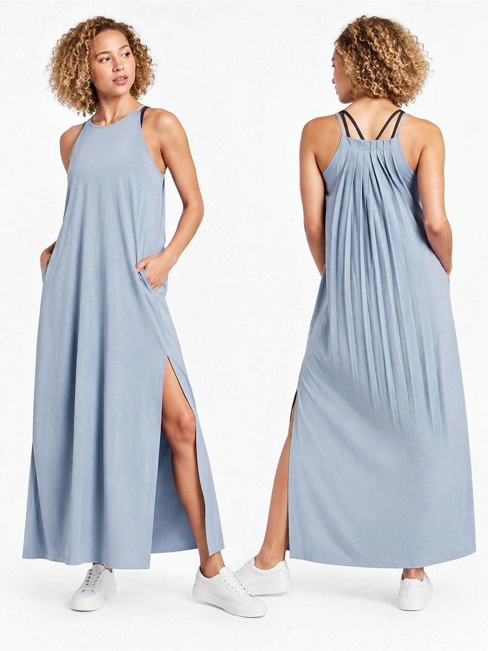 Athleta Hayes Pleated Maxi Dress Blue Star Size S Pockets Side Slits